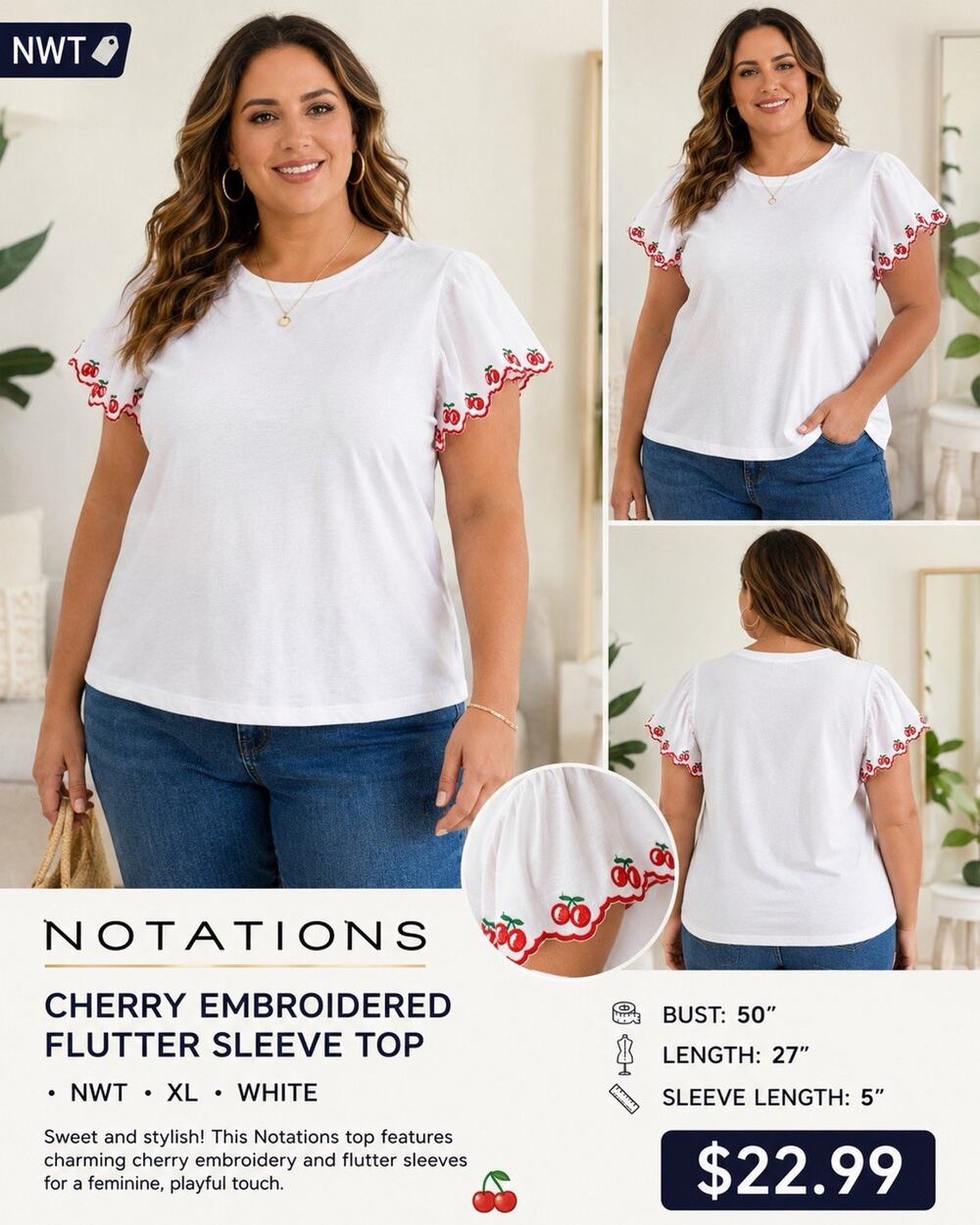 Notations Women’s White Knit Top With Cherry Embroidered Sleeves Size XL NWT